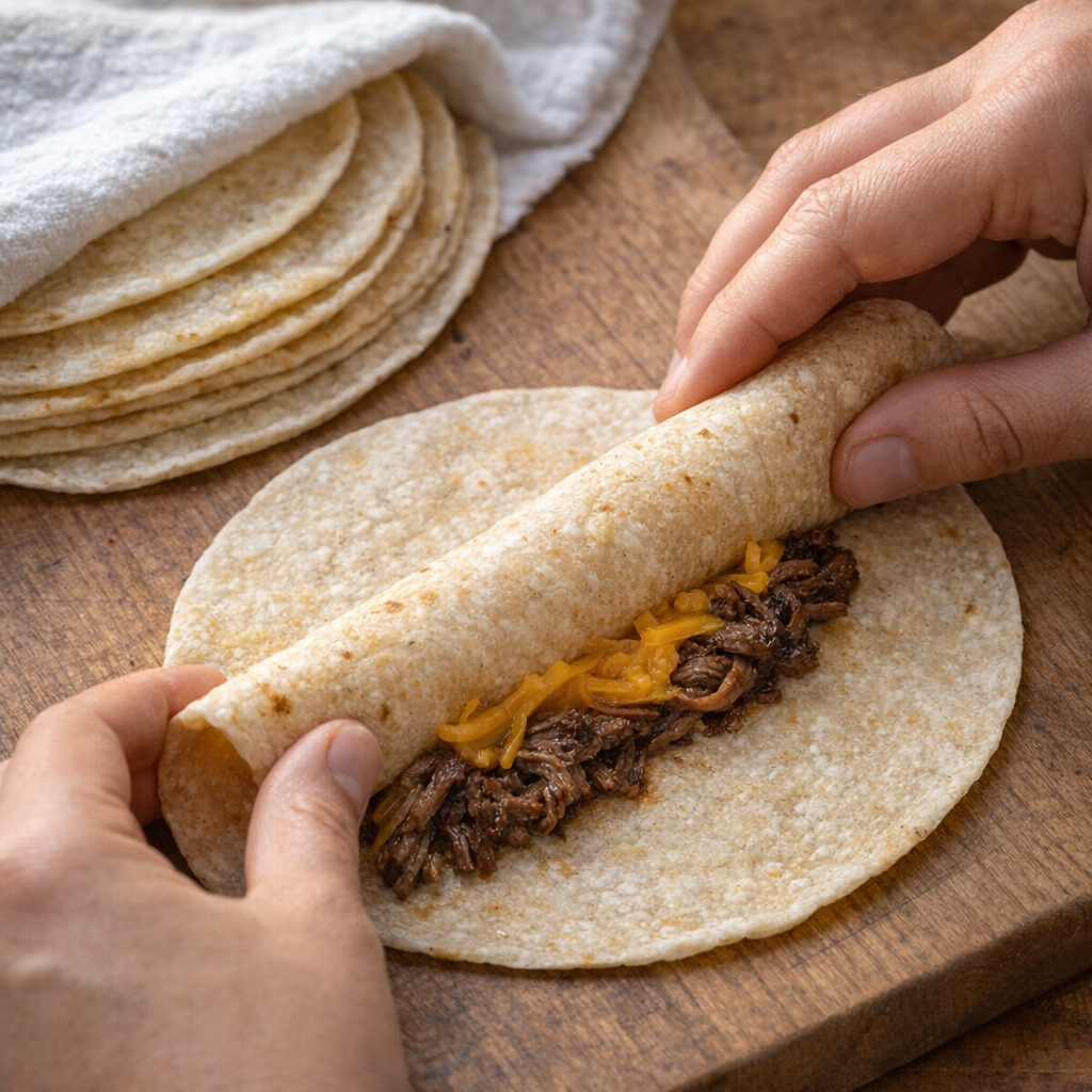 Taquito being rolled on a cutting board