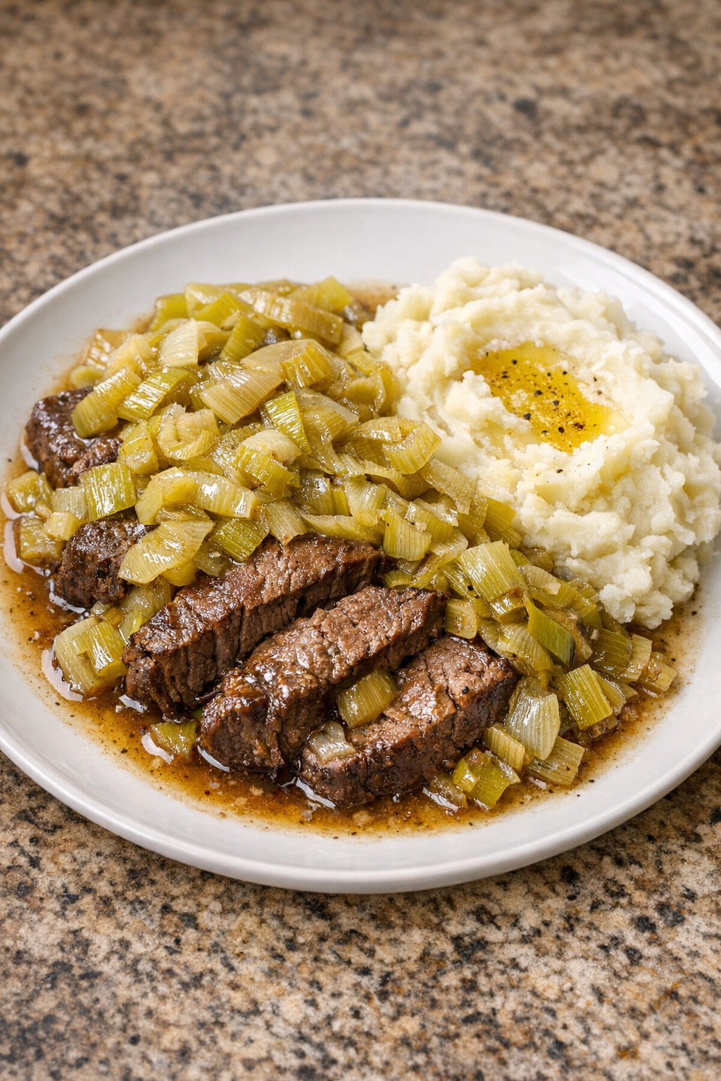 Finished slow cooker leek beef plated with tender beef, soft leeks, and rich pan juices