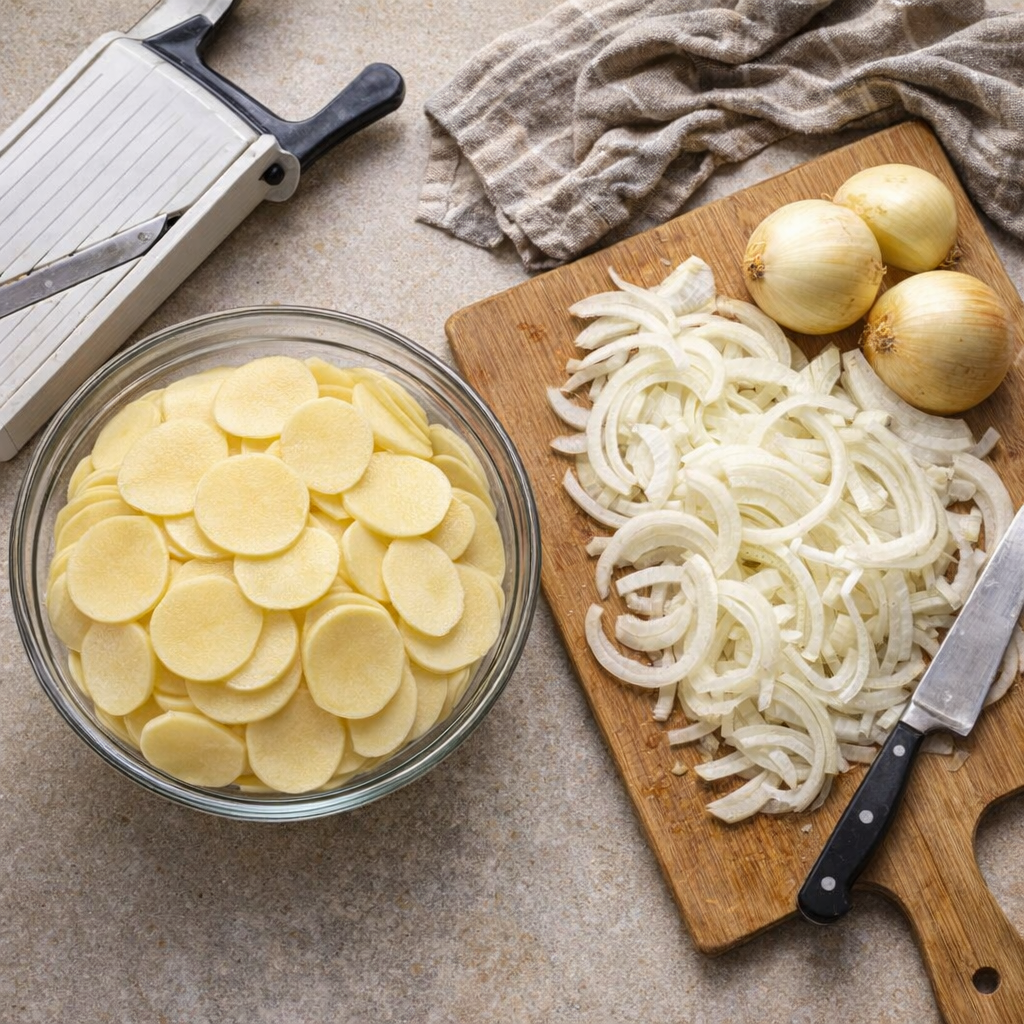 Thinly sliced potatoes and onions ready for layering