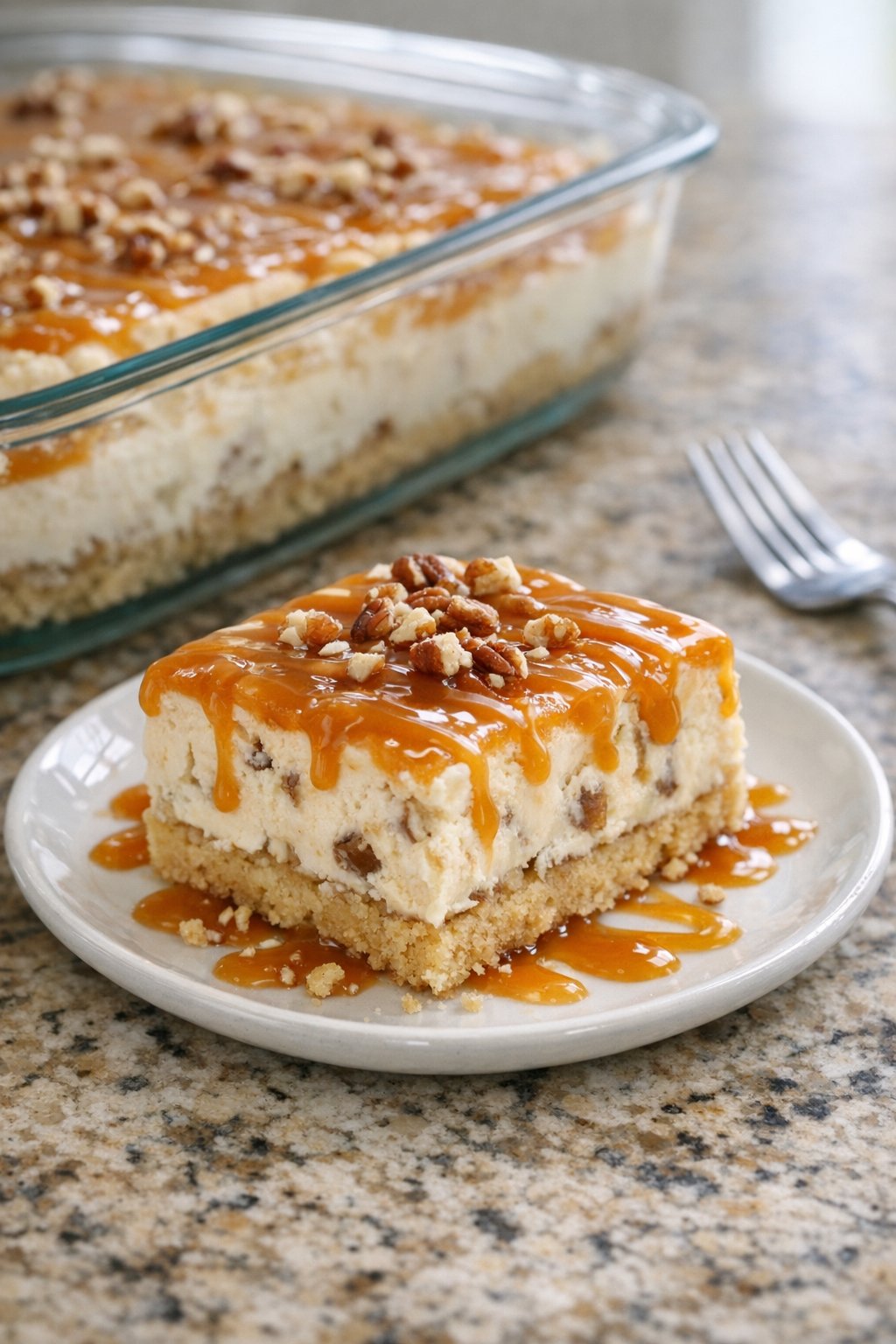 Plated frozen butter pecan bar with caramel drizzle