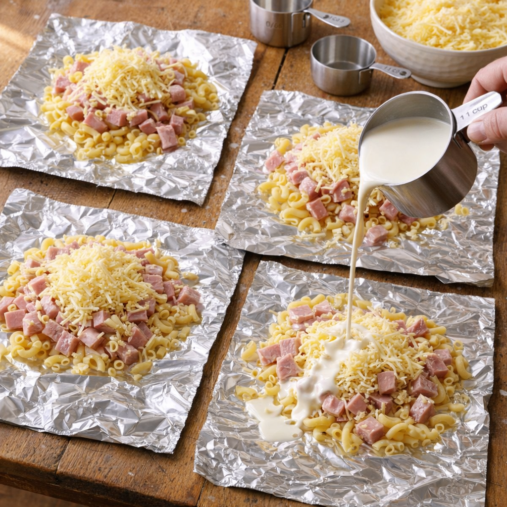 Foil pasta packets being assembled on a farmhouse kitchen table