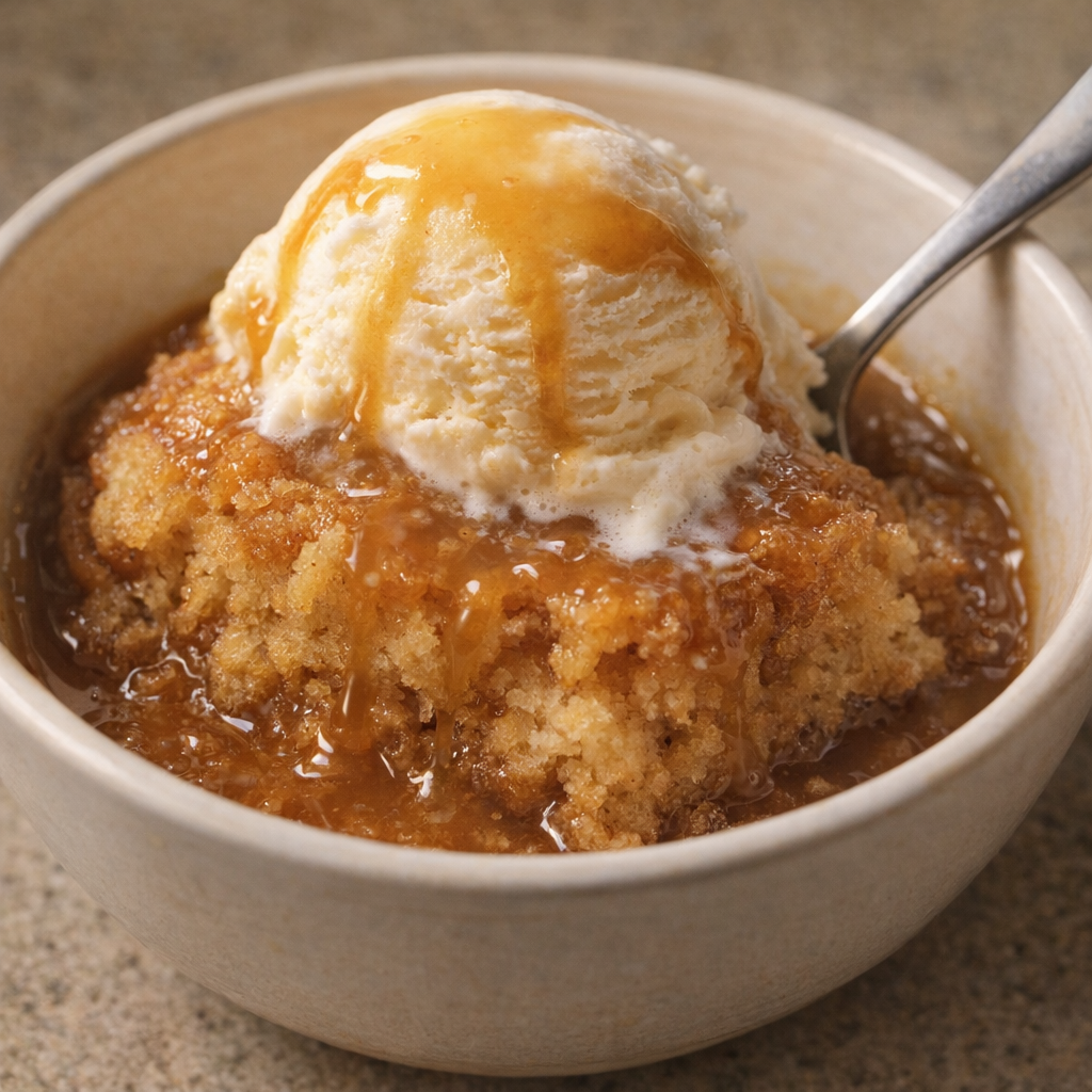 Spoonful of butterscotch pudding cake served in a bowl with ice cream
