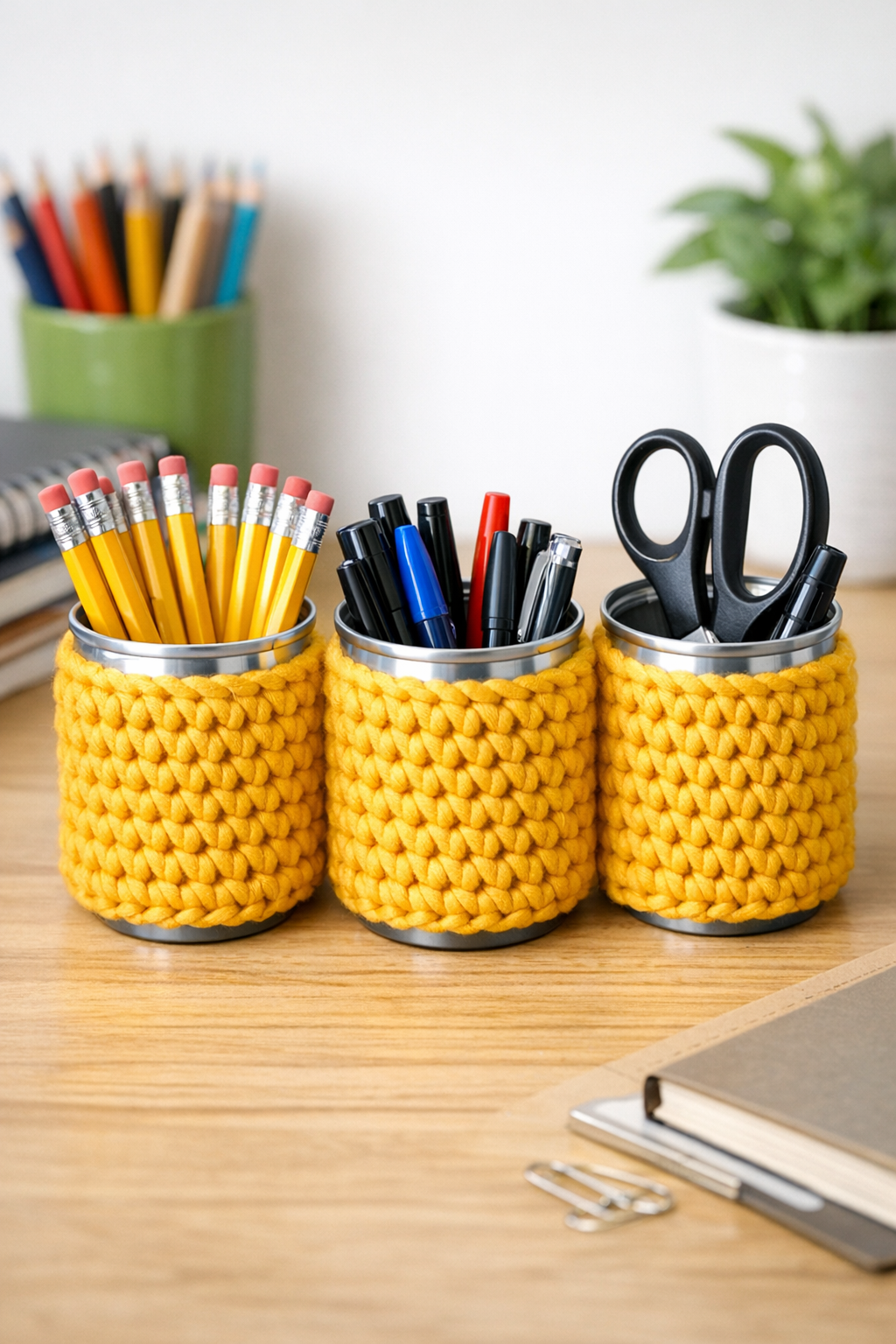 Finished set of yellow crocheted pencil cups made from recycled soda cans