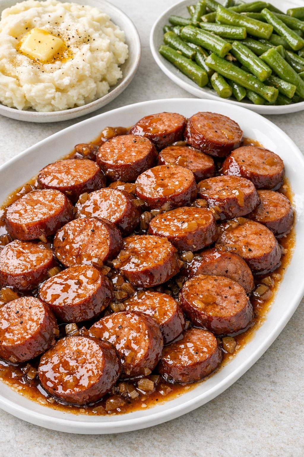 Finished smoked pork sausage with sauce on a serving platter