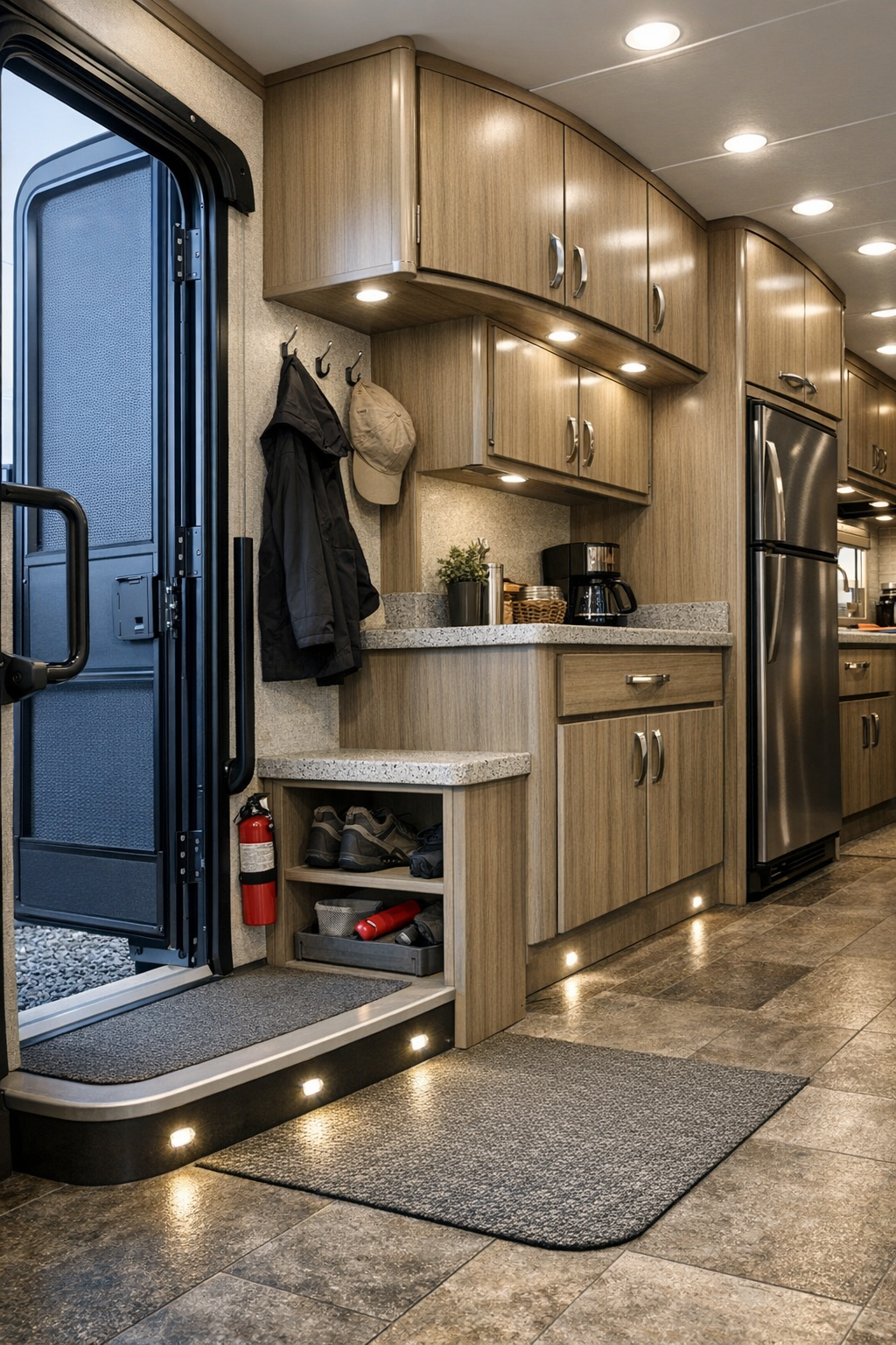 Accessible RV entry and utility area with durable flooring, built-in storage, and integrated lighting