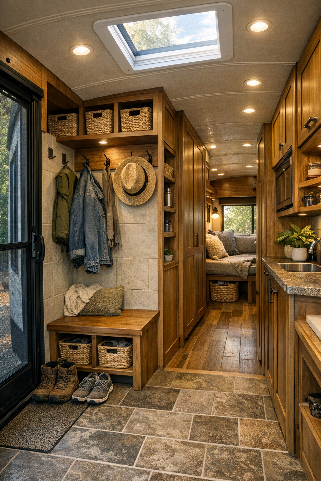 Entry and hallway area in the bus with built-in storage, bench, and skylight