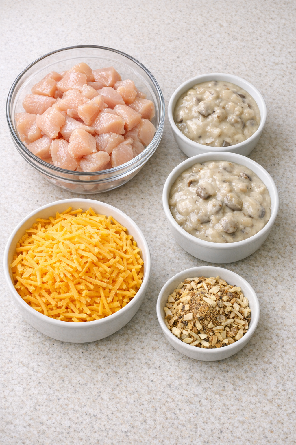 Main ingredients for Chicken Rosewood arranged on a kitchen counter