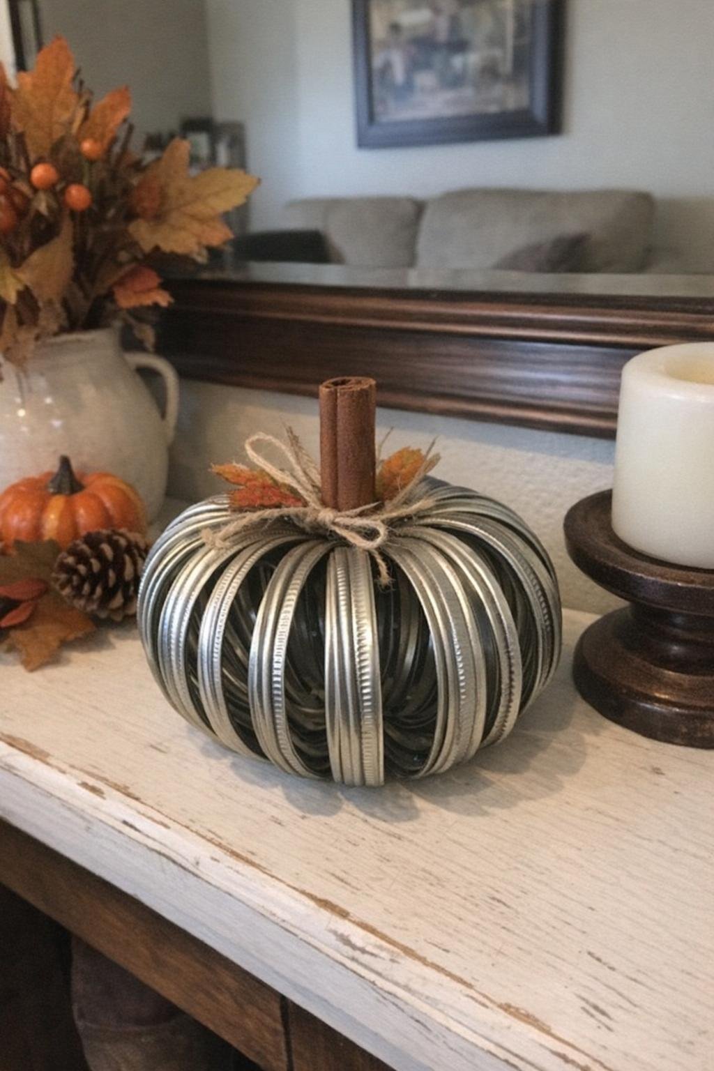 Pumpkin made from mason jar rings with a cinnamon stick stem