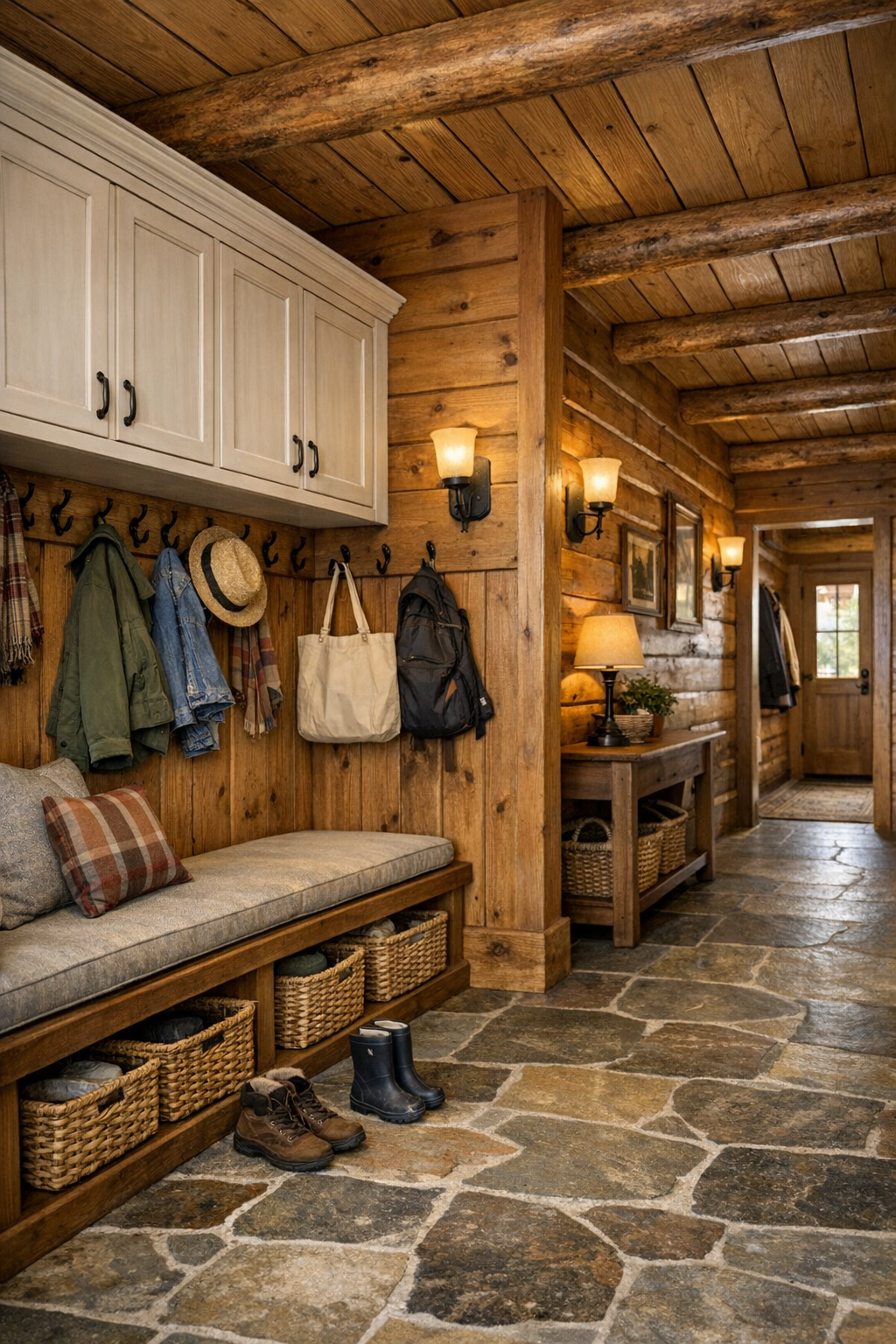 Practical mudroom and hallway with built-in storage and handcrafted wood details