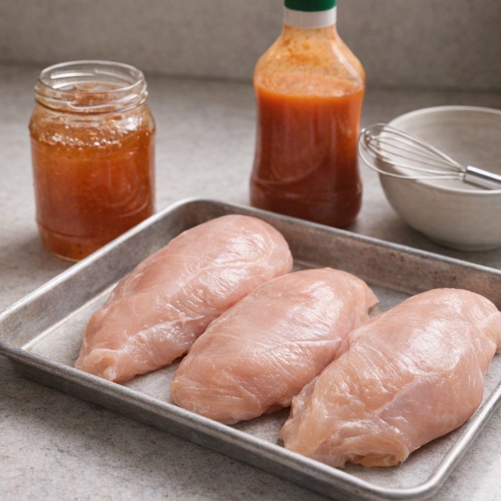 Chicken breasts, apricot preserves, and dressing arranged for prep