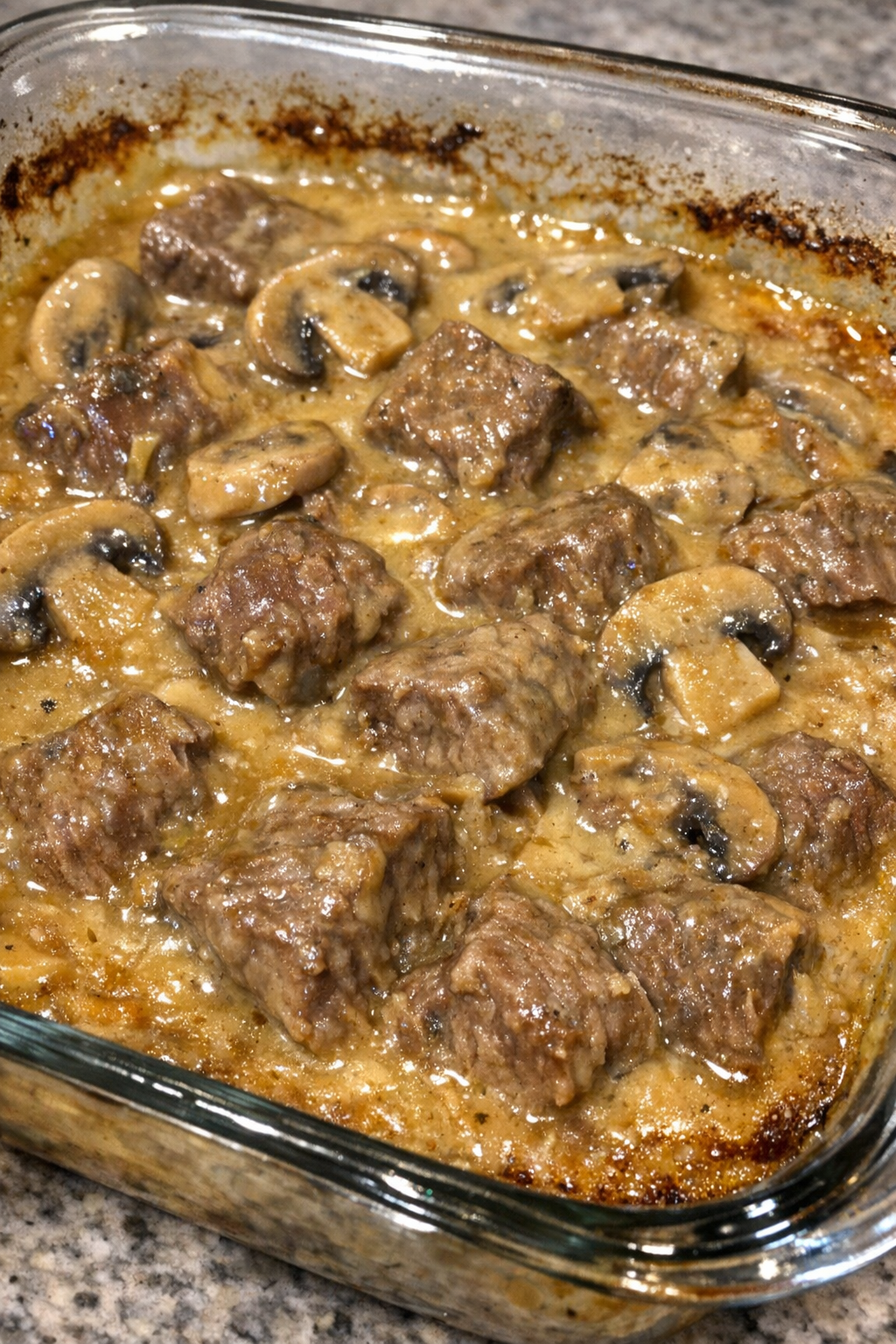 4-ingredient creamy mushroom beef pot in a glass casserole dish