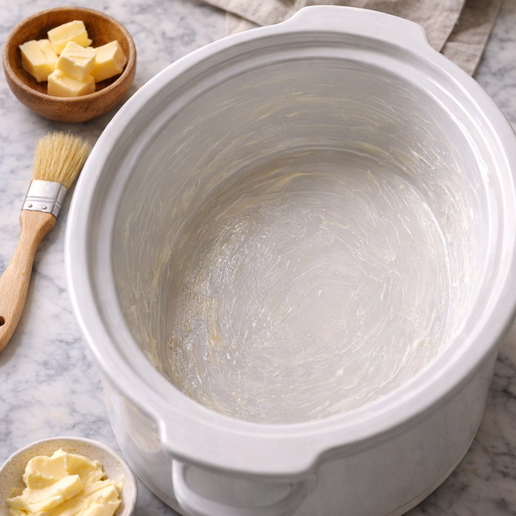 Slow cooker insert lightly greased and ready for casserole