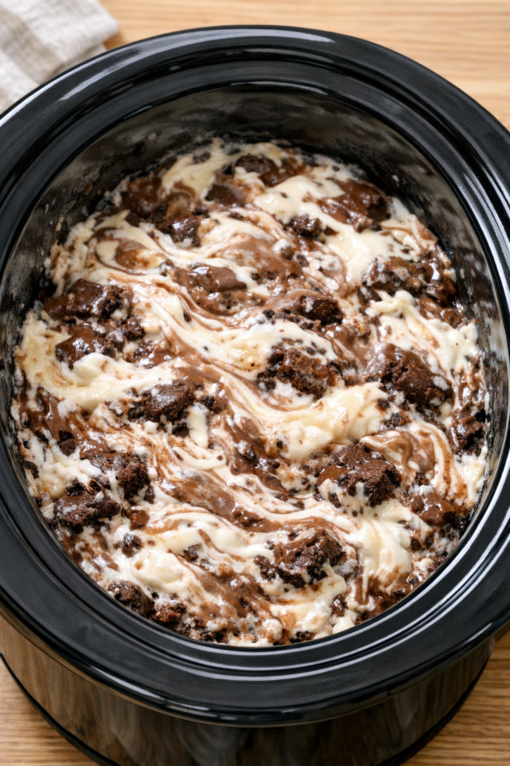 Softened layered dessert in slow cooker