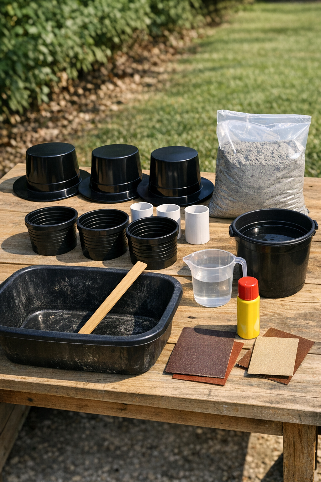 Materials for making cement yard columns laid out on a worktable
