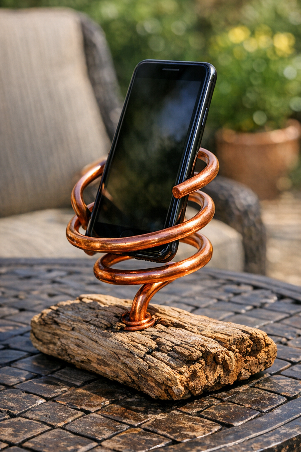 Finished outdoor phone holder made from copper wire spiral on driftwood