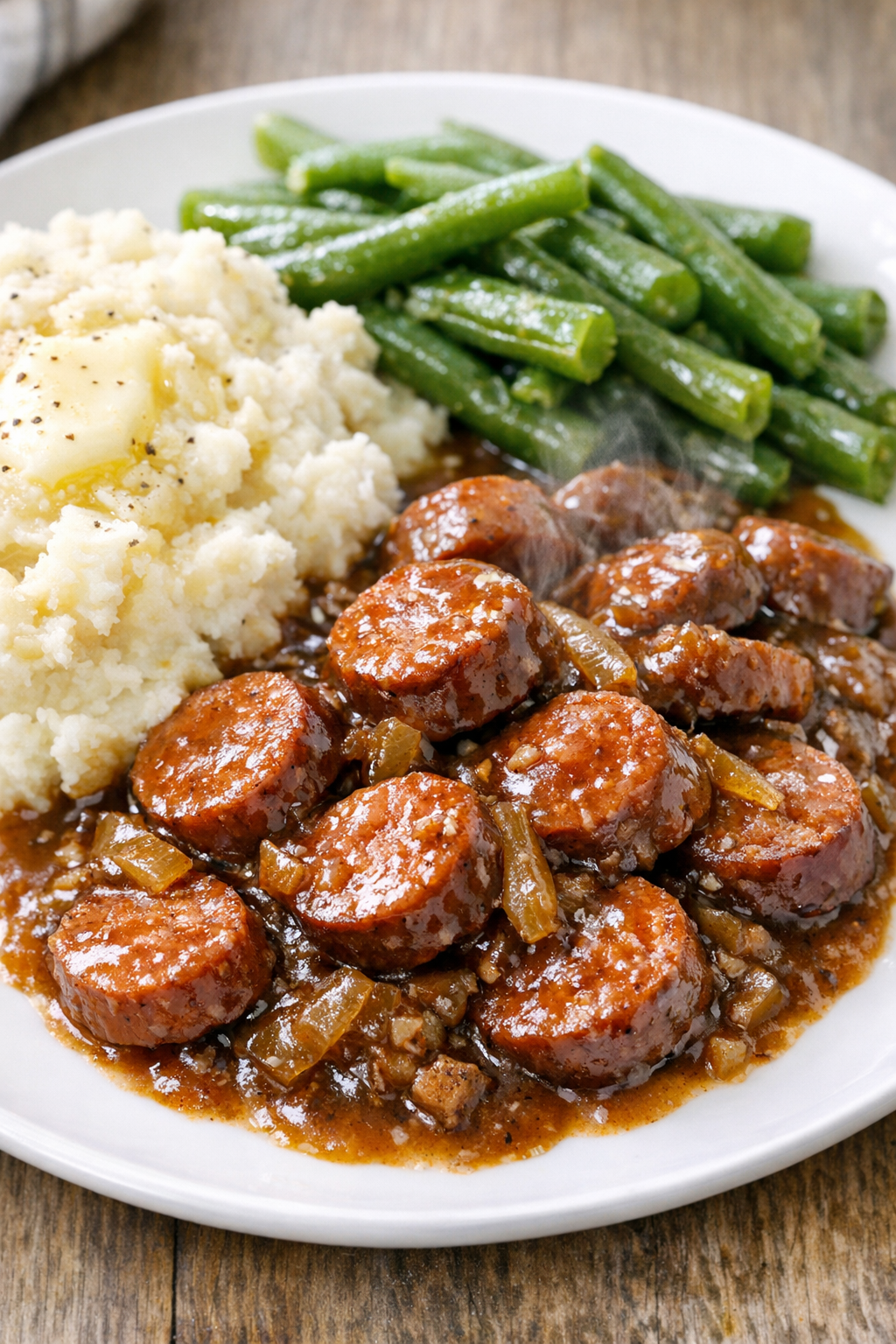 Finished slow cooker beef and sausage served with rich gravy