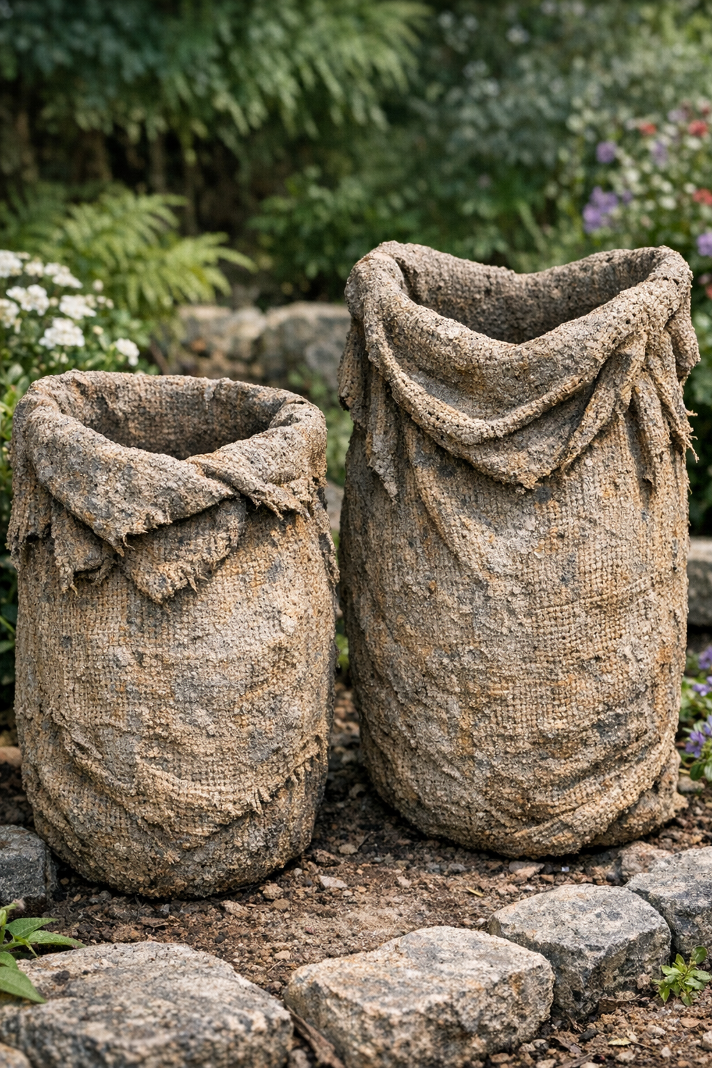 Two finished rigid burlap cement outdoor forms displayed in a garden