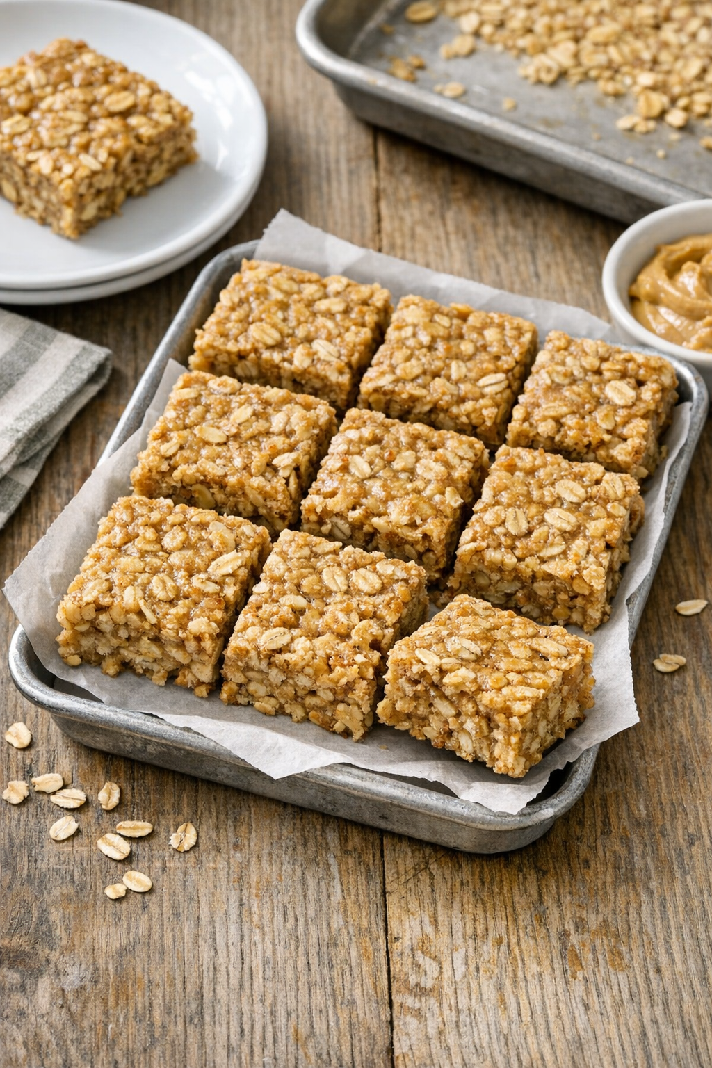 Finished baked oat bars on a tray