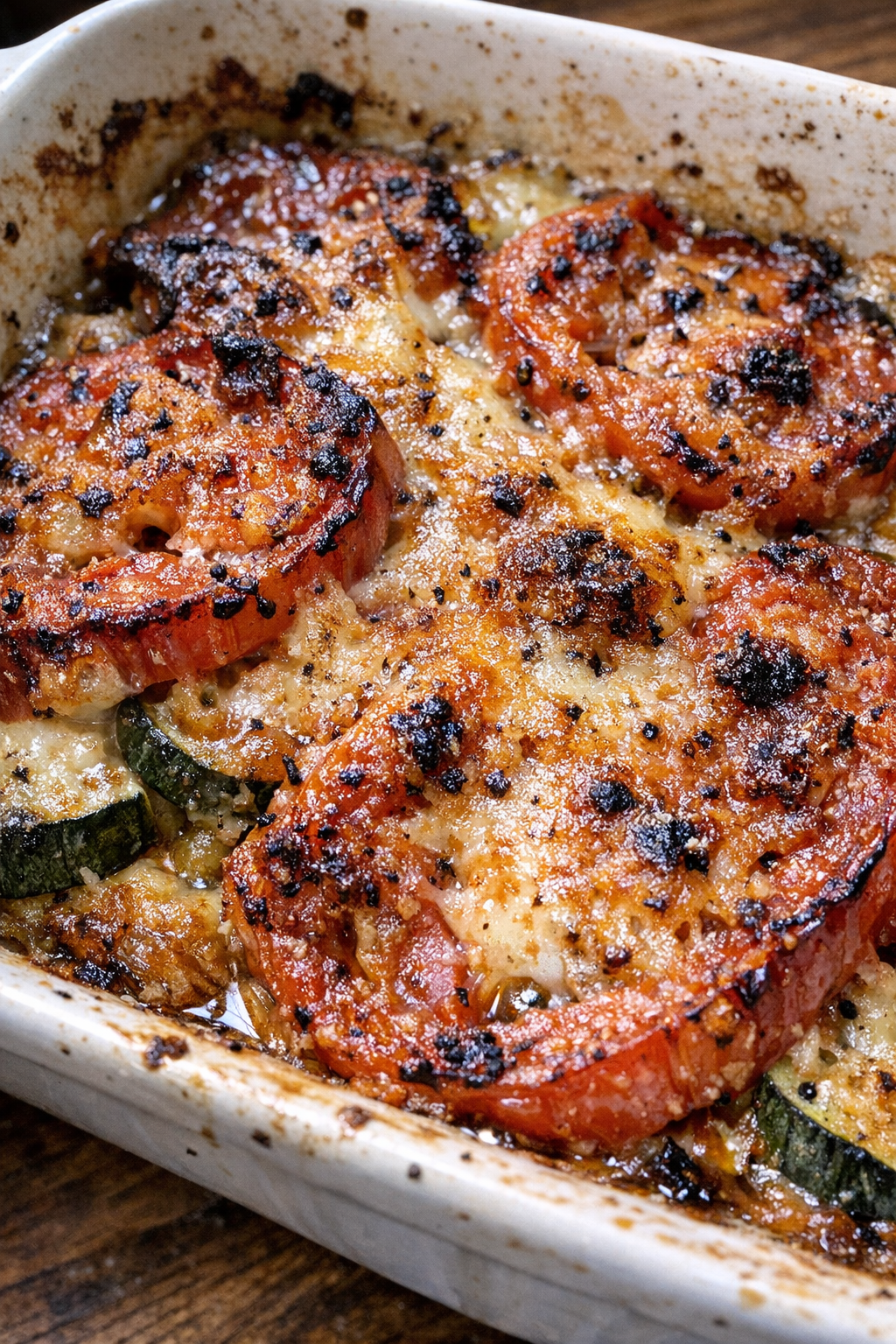 Caramelized baked late summer casserole in a ceramic dish