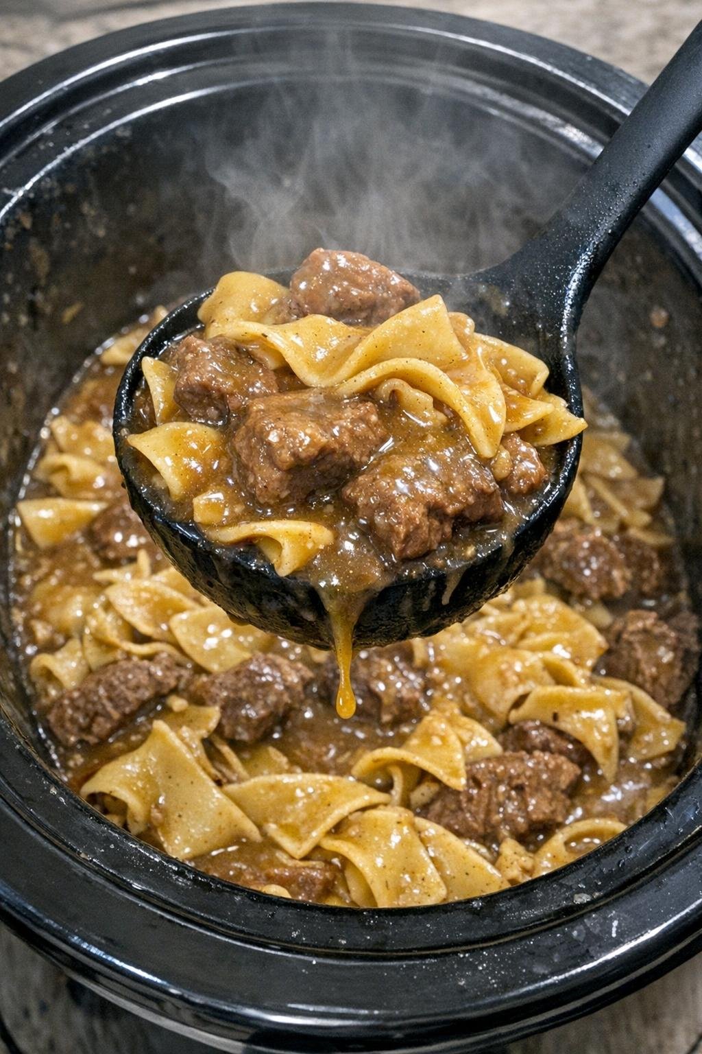 Slow cooker egg noodles with beef in gravy