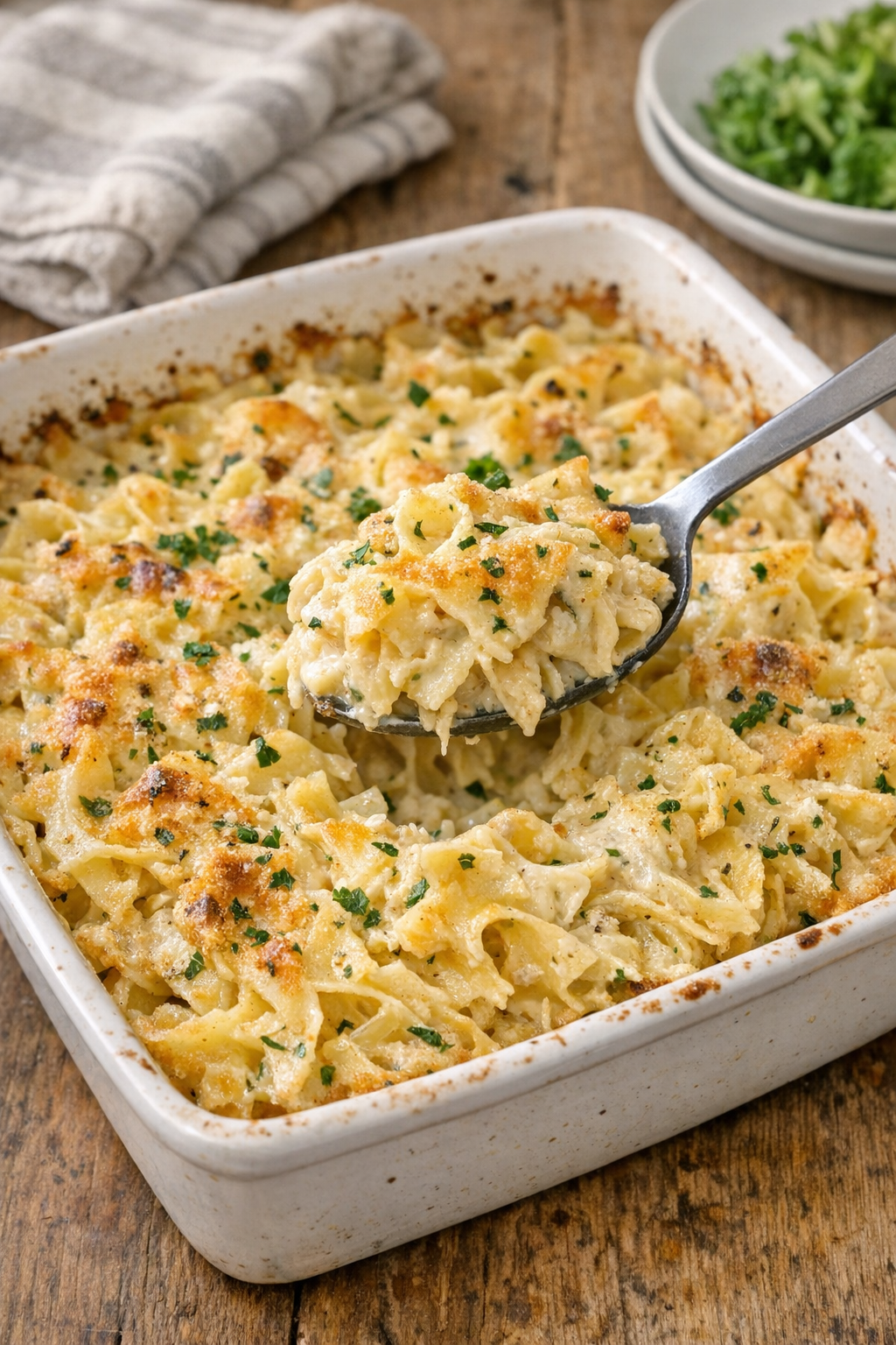 Finished baked herb ranch egg noodles in a casserole dish