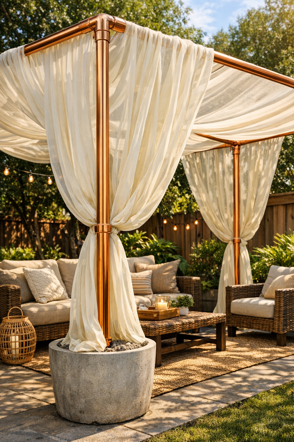 Finished patio canopy with ivory sheer curtains draped over a copper pipe frame anchored in concrete planters