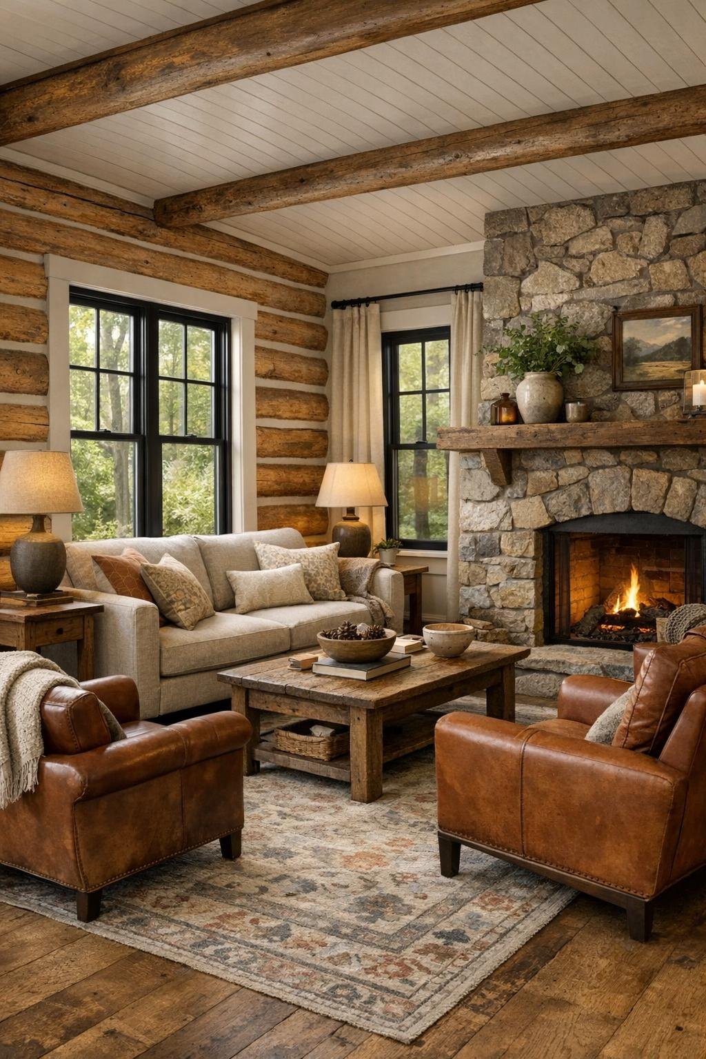 Warm rustic living room with pale sofa, leather chairs, stone fireplace, and soft layered lighting