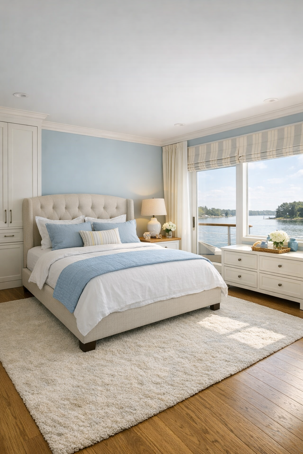 Serene coastal bedroom with upholstered bed and soft blue palette