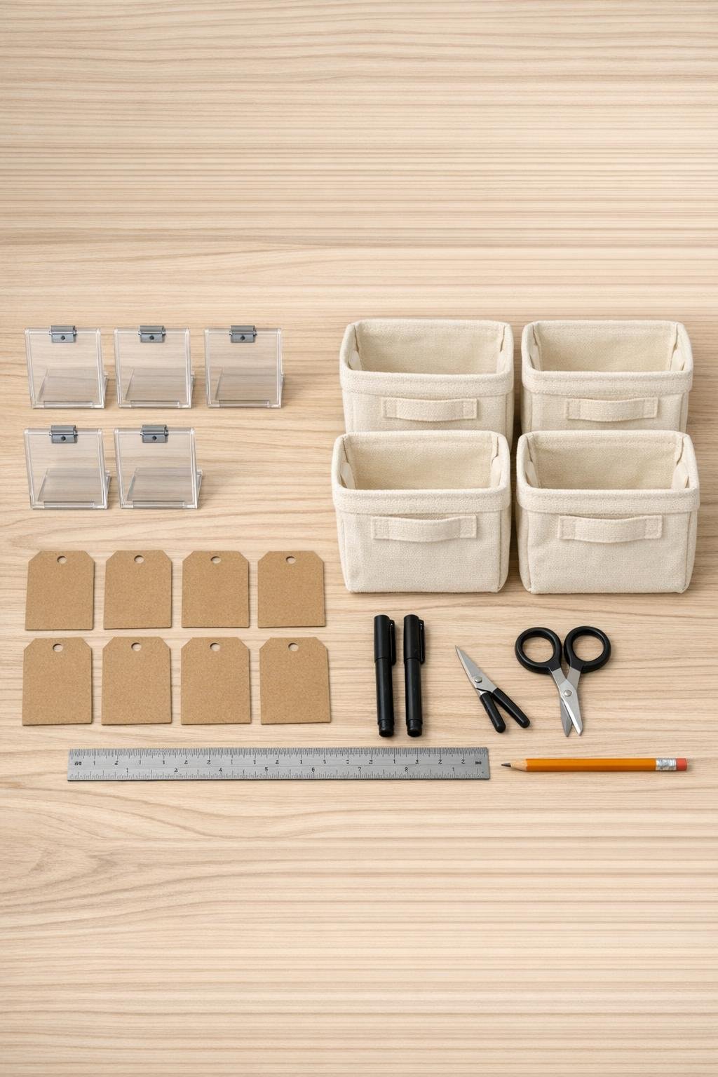 Materials for acrylic frame laundry bin labels laid out neatly