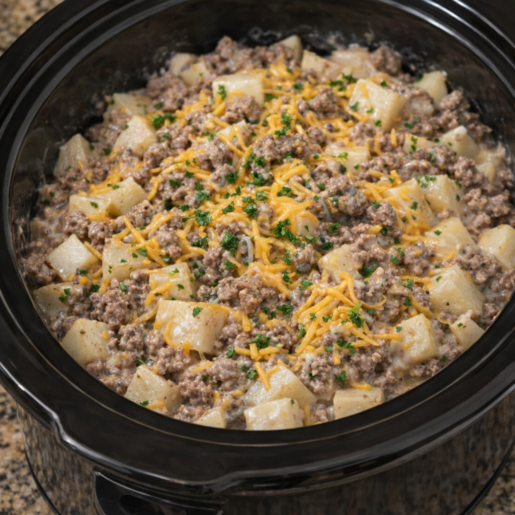 Ground beef being crumbled over potatoes and onions