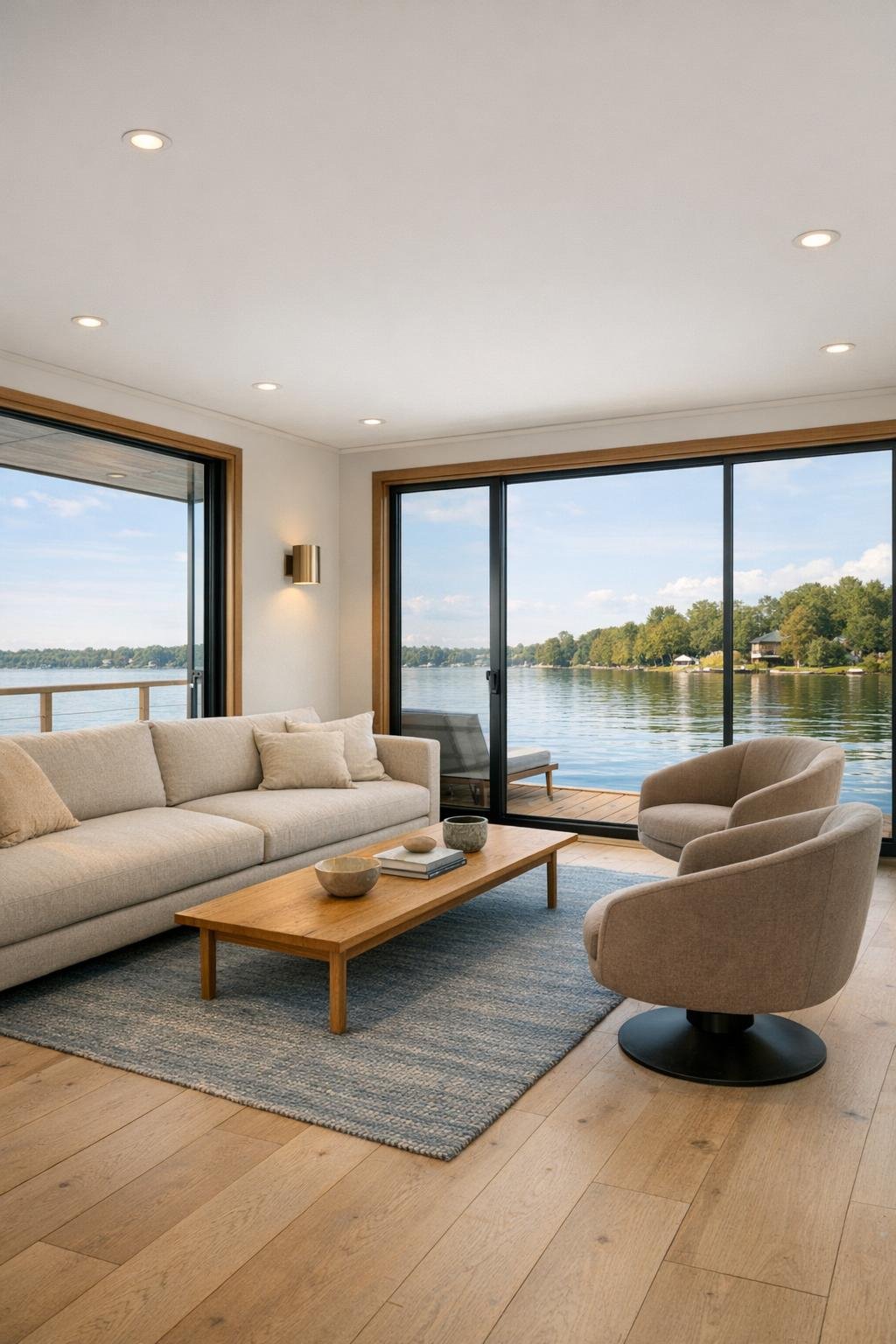 Bright modern houseboat living room with wide windows and pale wood finishes