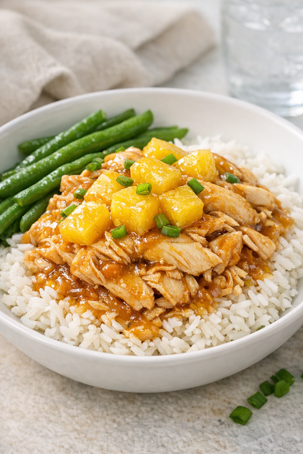 Plated slow cooker chicken with pineapple over rice