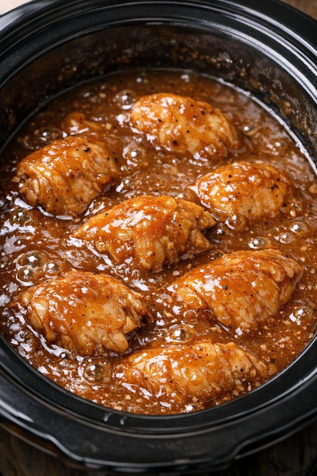 Bubbling slow cooker dish with gelatinous protein in russet gravy