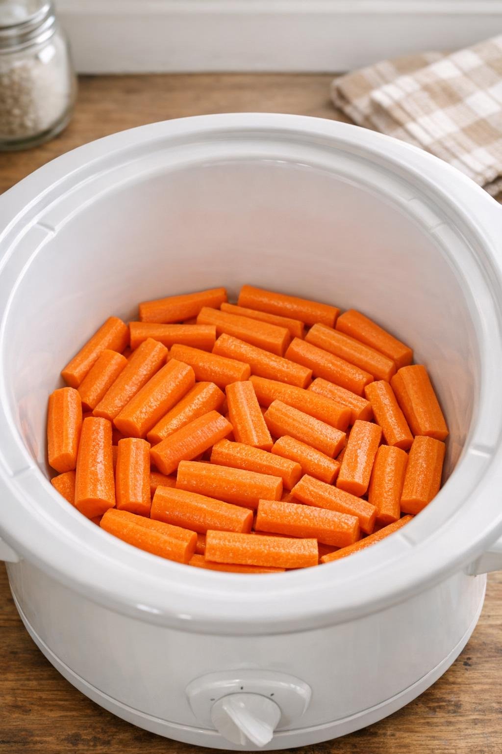 Carrots layered in the bottom of a white slow cooker