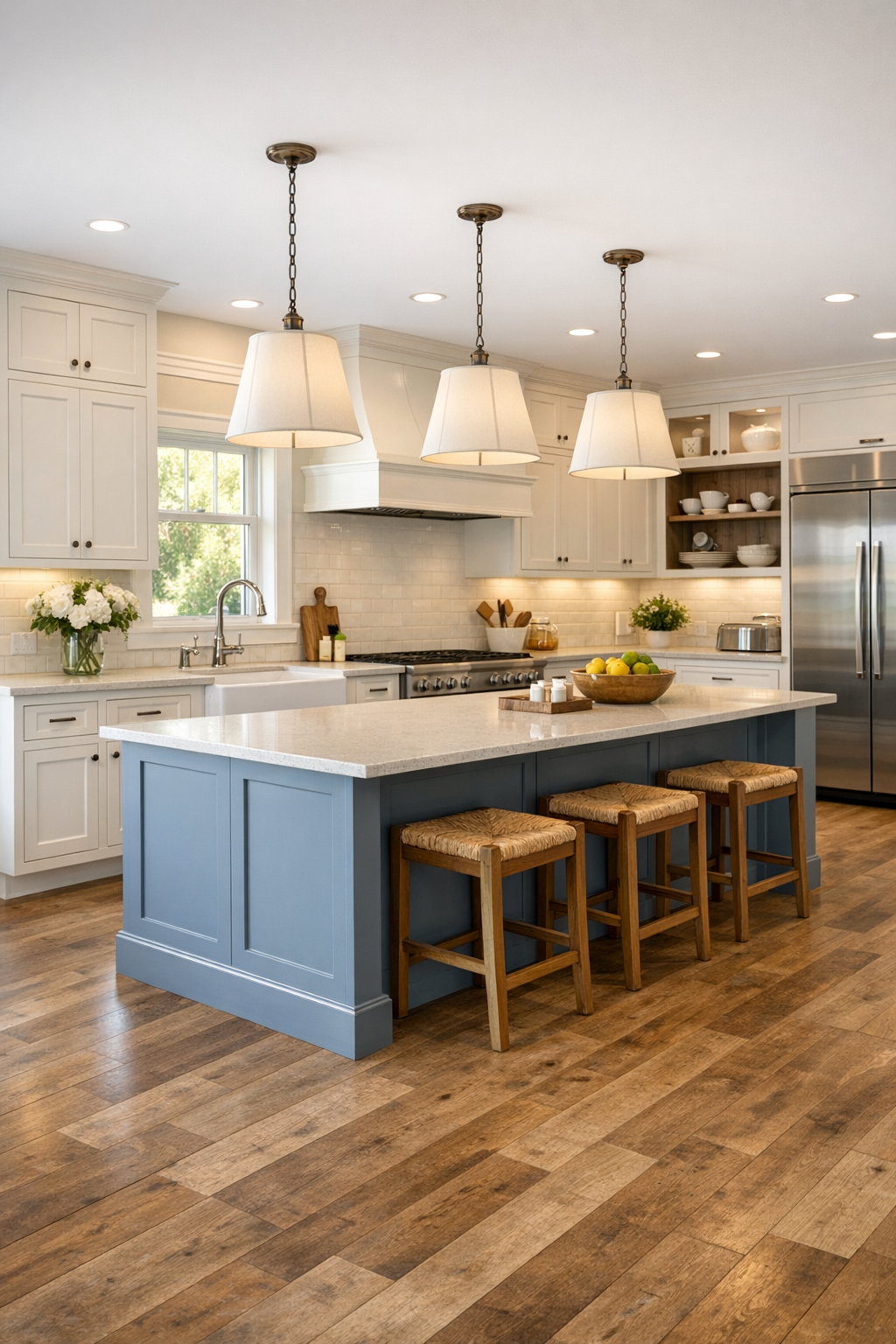 Warm barrier-free kitchen with white inset cabinets, blue-gray island, and pale quartz counters