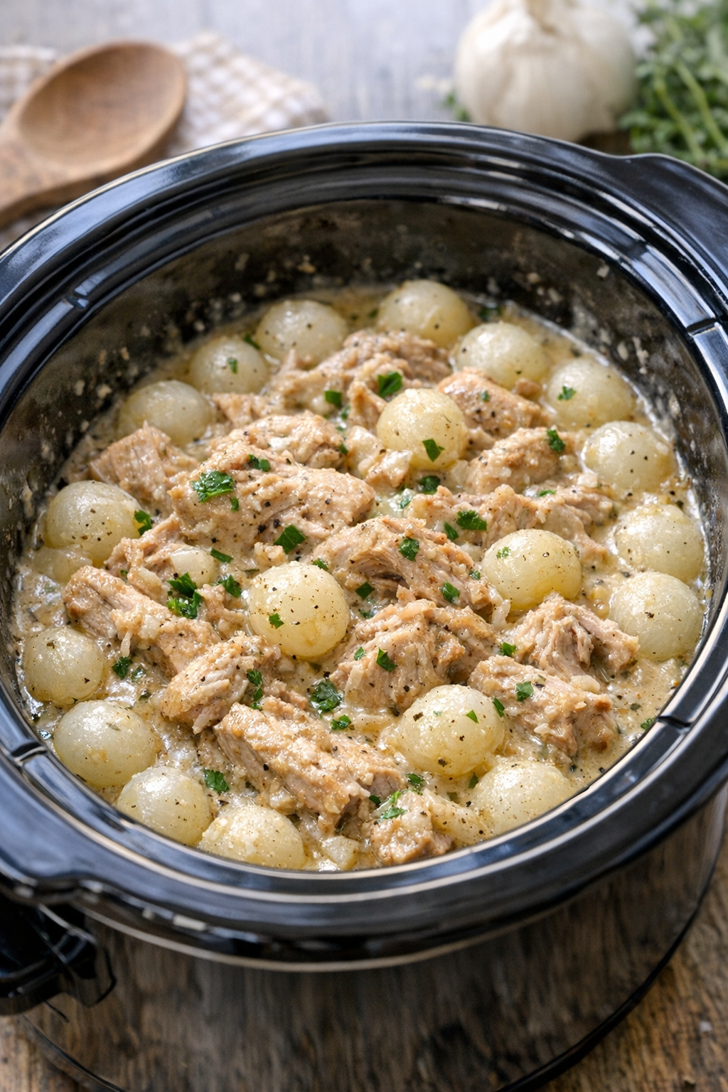 Cooked pork and pearl onions in slow cooker with savory sauce