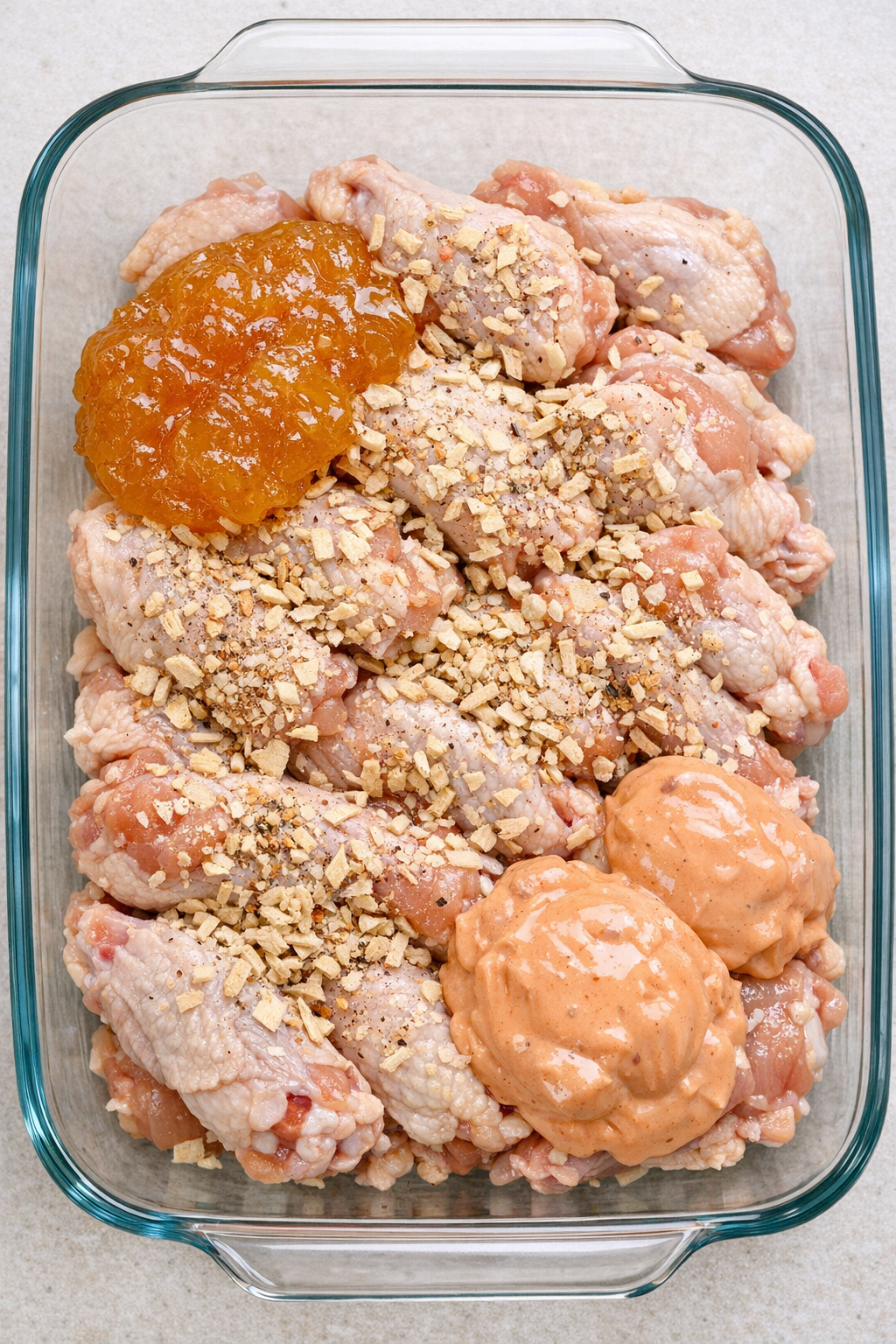Raw chicken wings topped with sauce ingredients in the baking dish