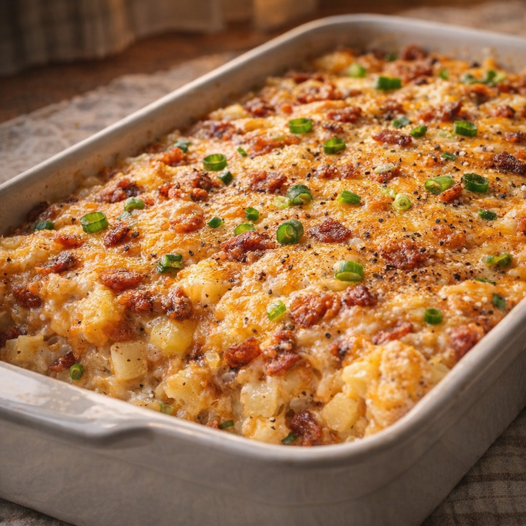 Loaded potato bake topped with green onions and black pepper