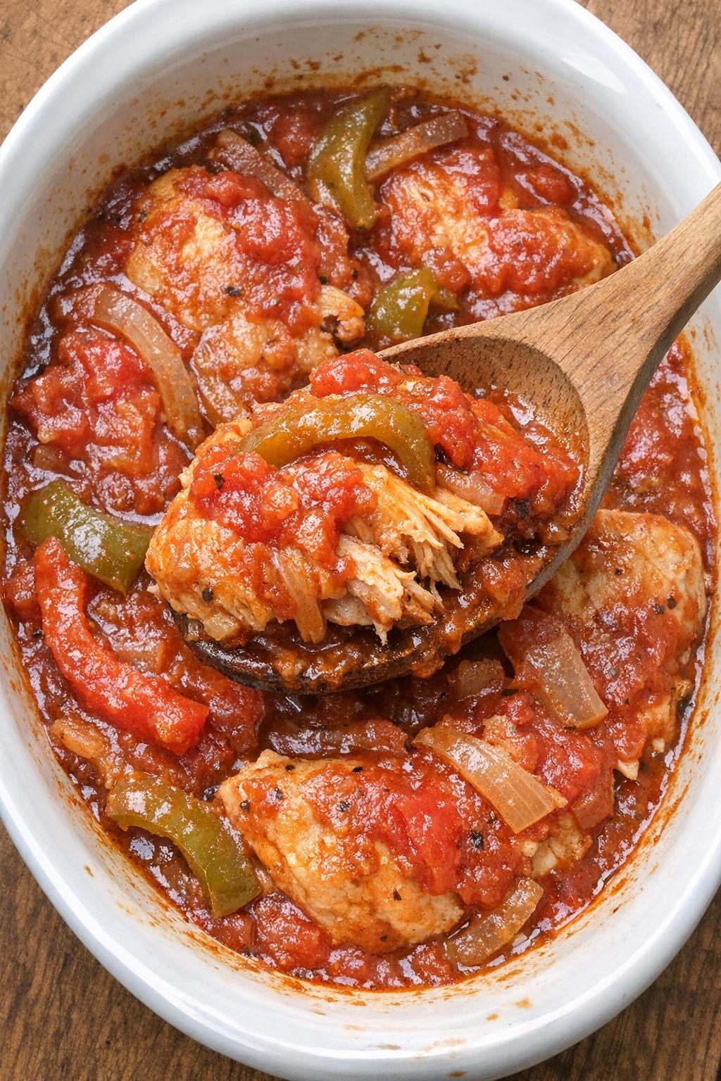 Chicken cacciatore casserole in a white dish
