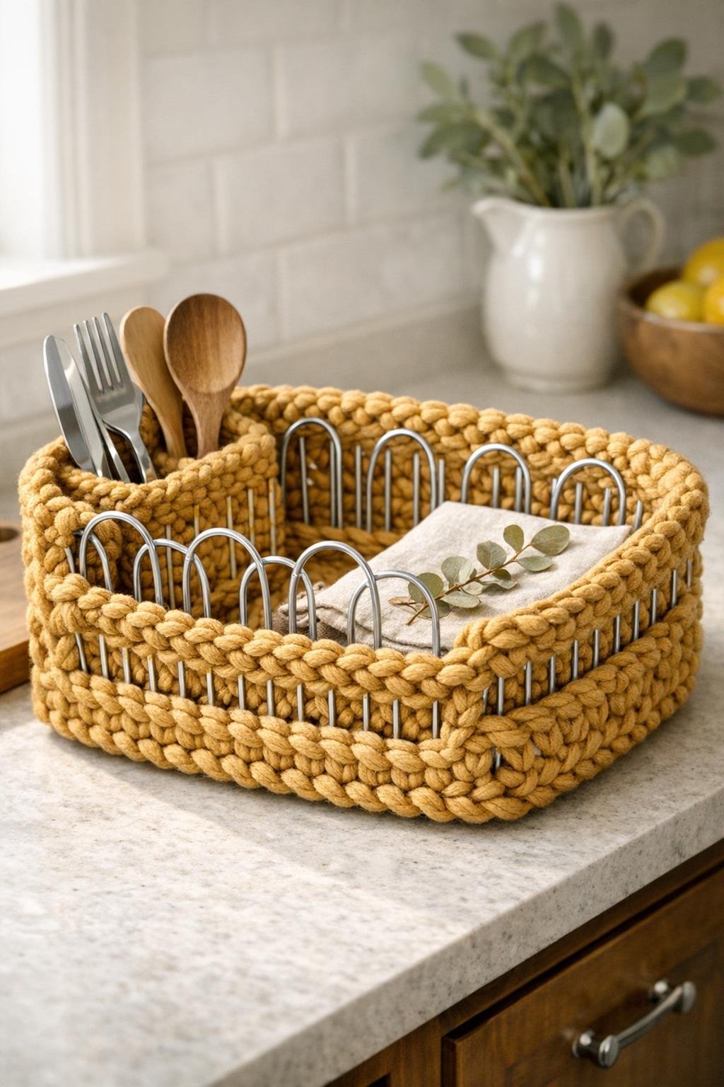 Finished decorative basket made from a crocheted wire dish drying rack