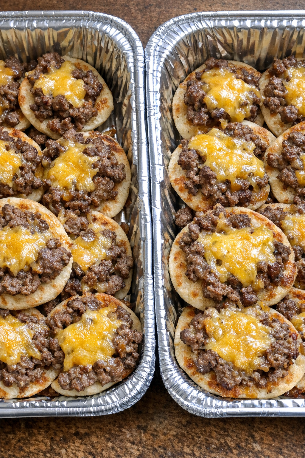 Oven baked beef flatbread bites in foil trays