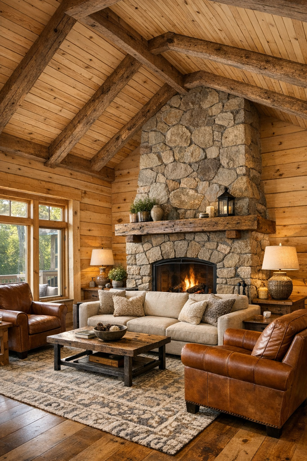 Warm log home living room with stone fireplace and vaulted beam ceiling