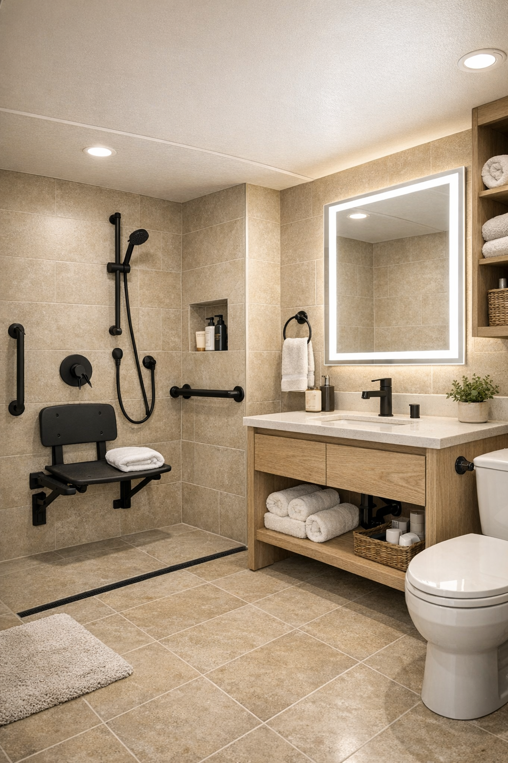 Accessible RV bathroom with curbless shower, sandy tile, and wood-look vanity