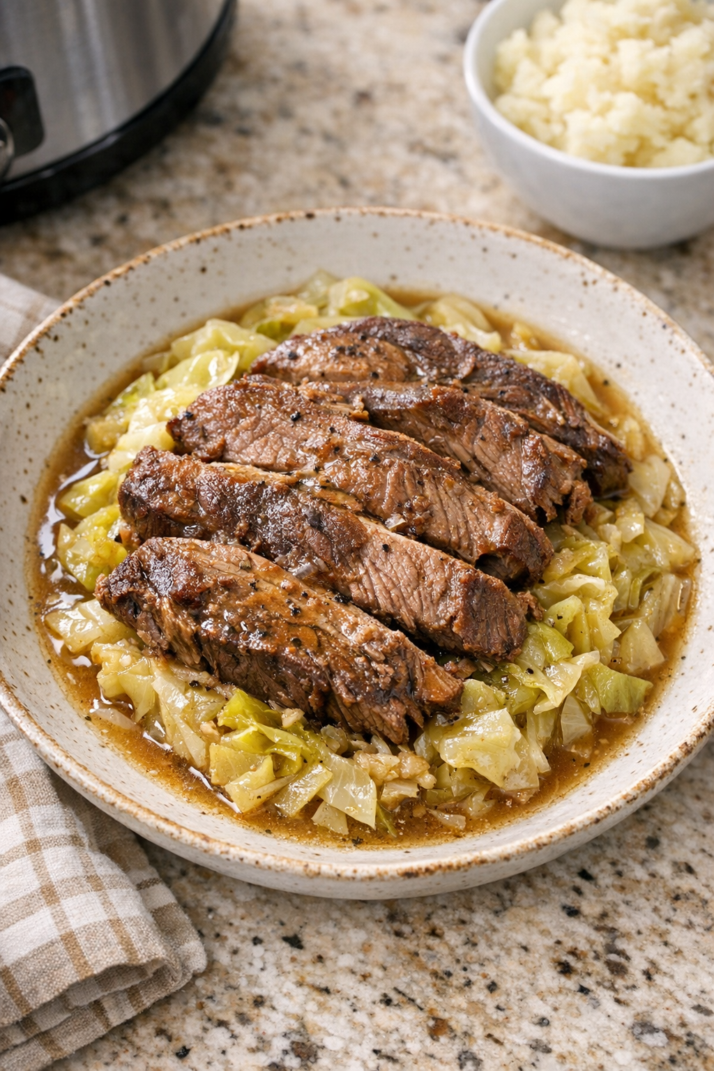 Finished Amish cabbage beef plated in a rustic bowl