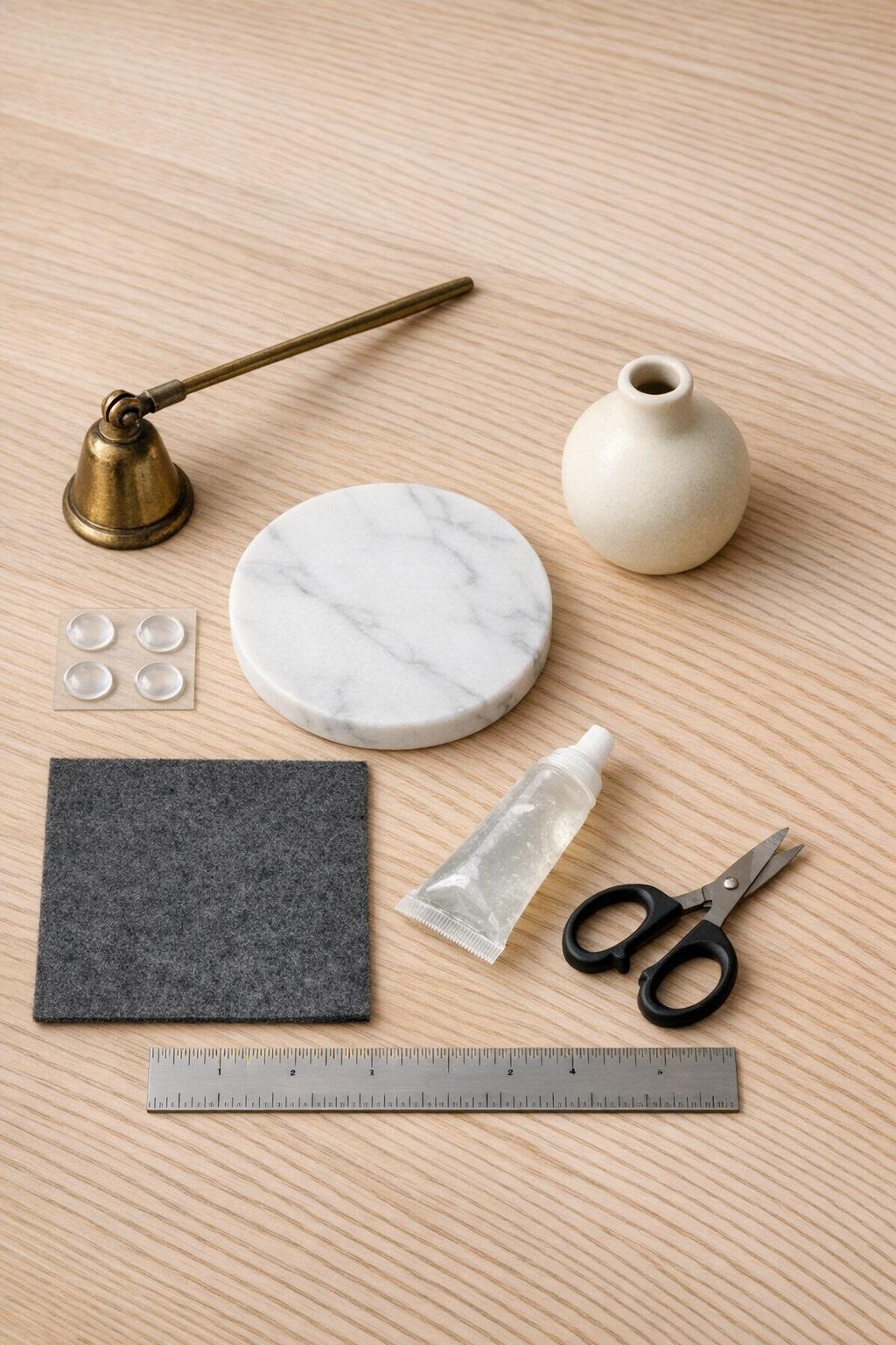 Materials for a candle snuffer holder laid out on a table