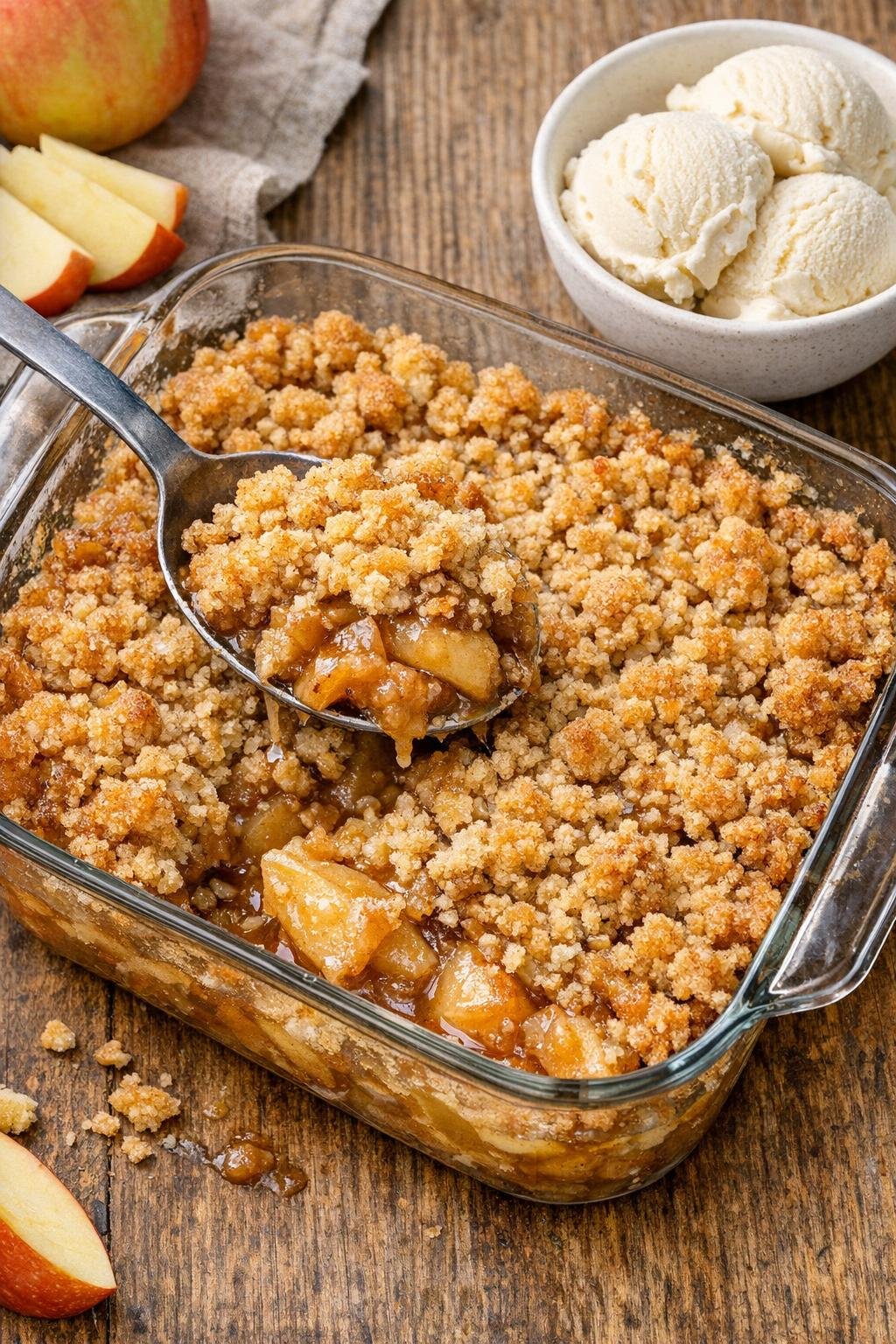 Finished baked apple rutledge served warm with a spoonful lifted out