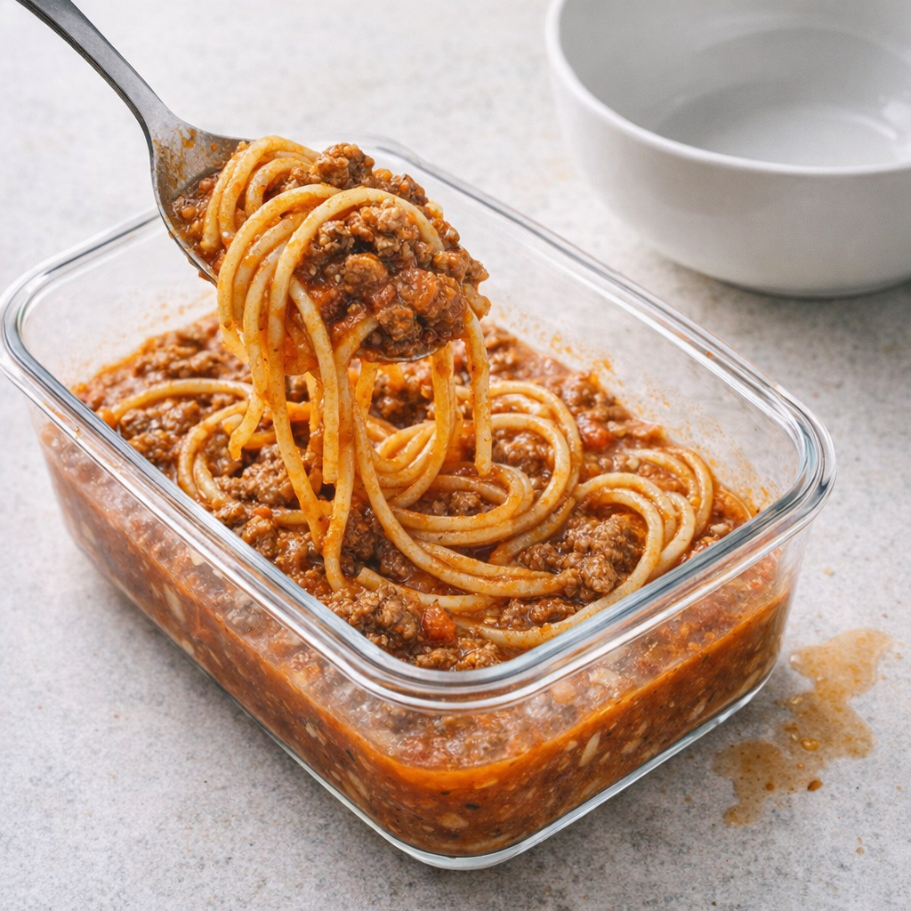 Leftover spaghetti being reheated for an easy next-day meal