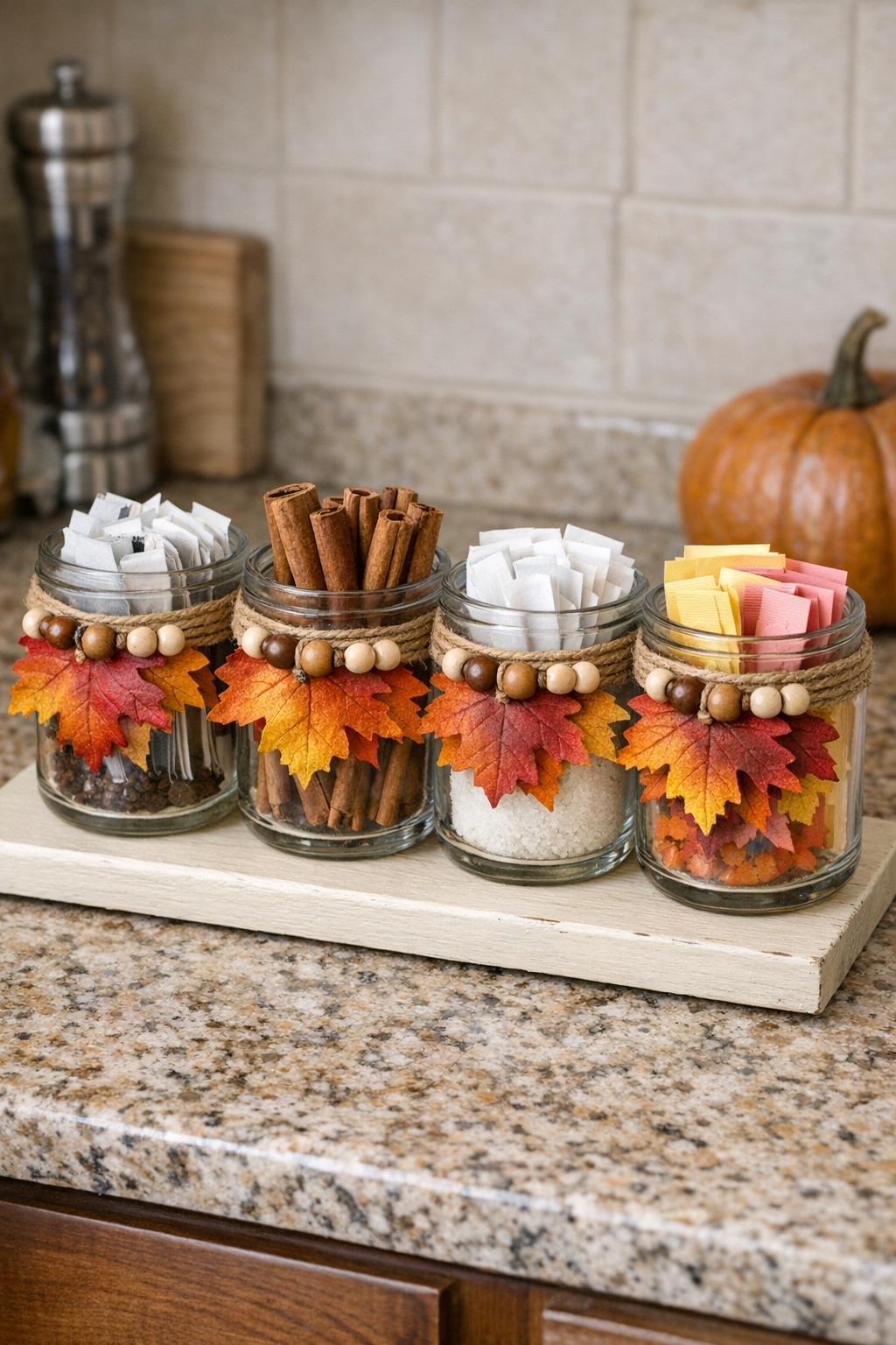 Finished fall kitchen organizer made from four glass candle jars