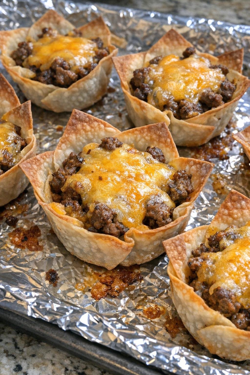 Close-up of baked beef taco cups with melted cheddar