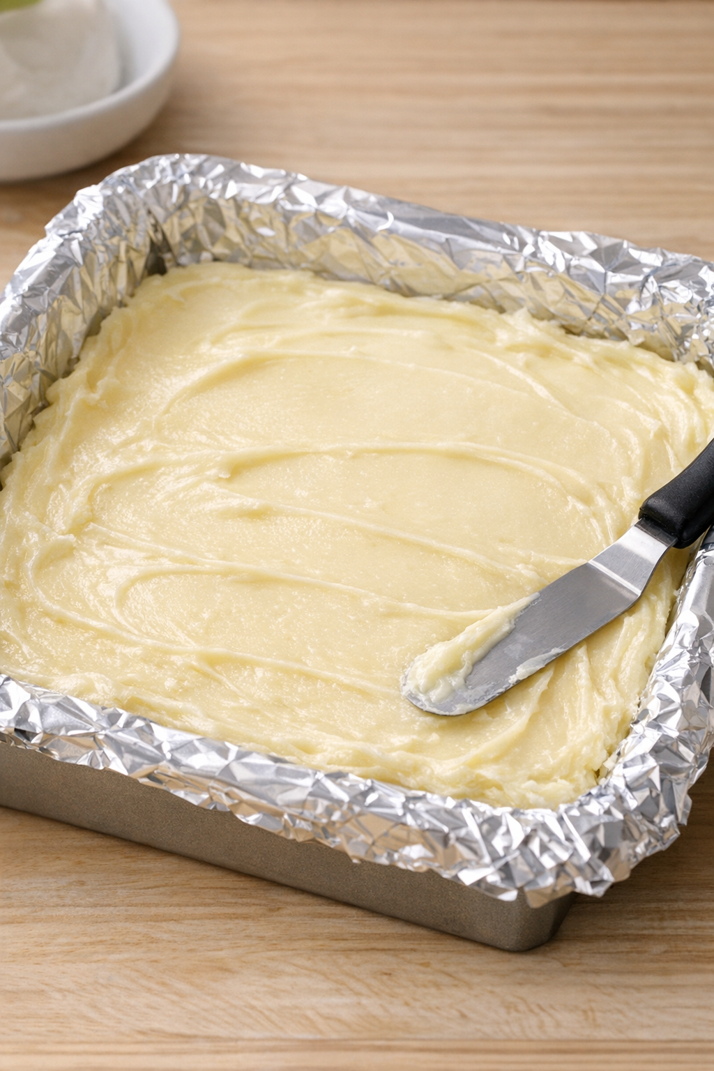 Lemon fudge mixture smoothed in a lined pan